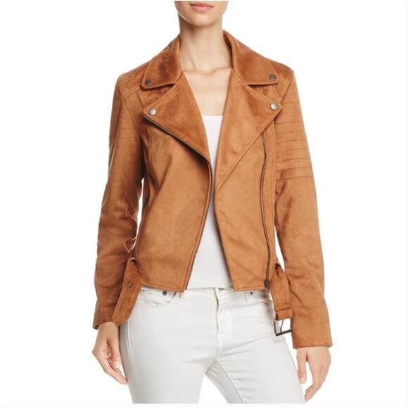 Cupcakes and Cashmere Faux Suede Moto Jacket Brown Tan Buckle Zip Size Small - Picture 3 of 14